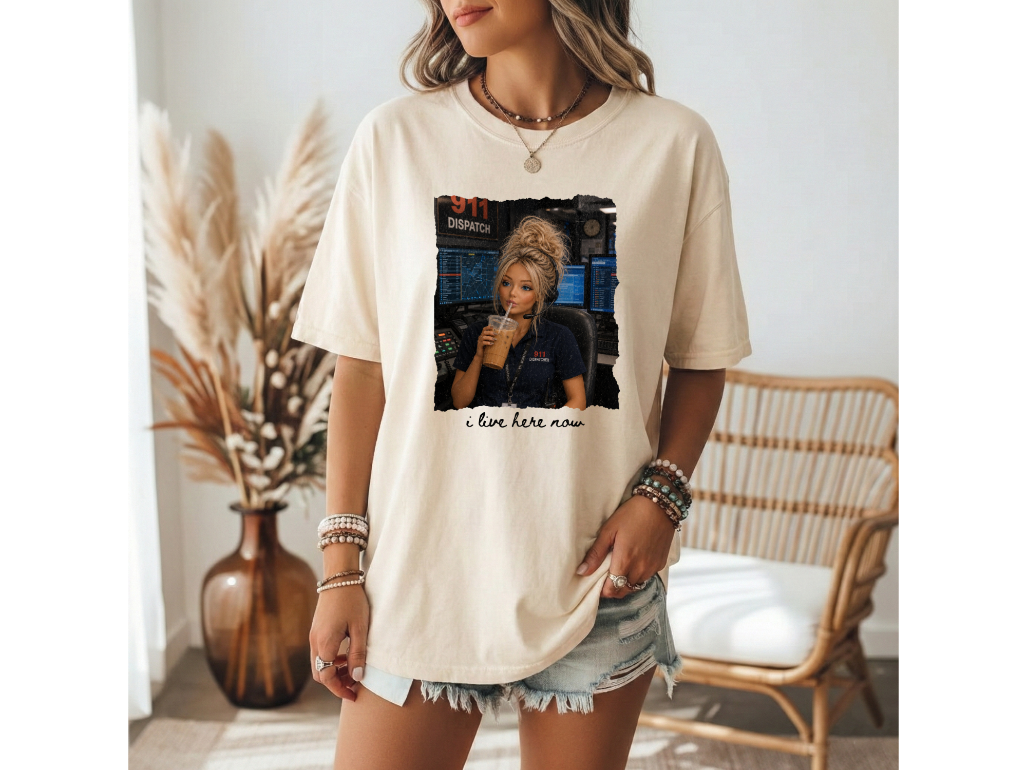 911 Dispatcher Girl "I Live Here Now" Graphic Tee - Blonde