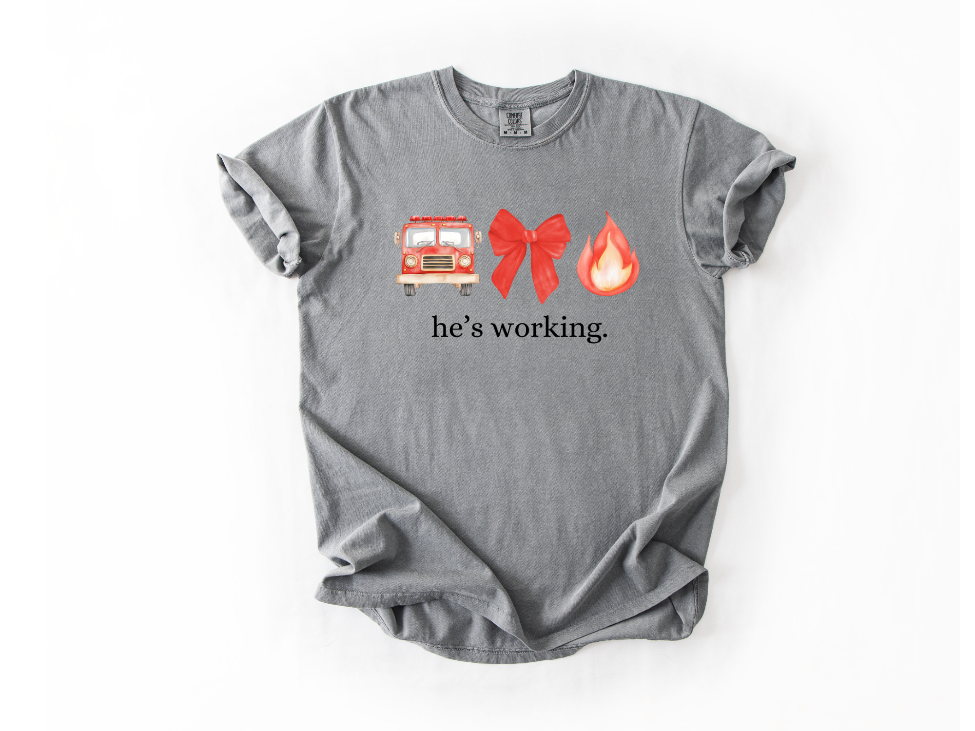 "He's Working" Firefighter Support Tee - Red Bow Edition