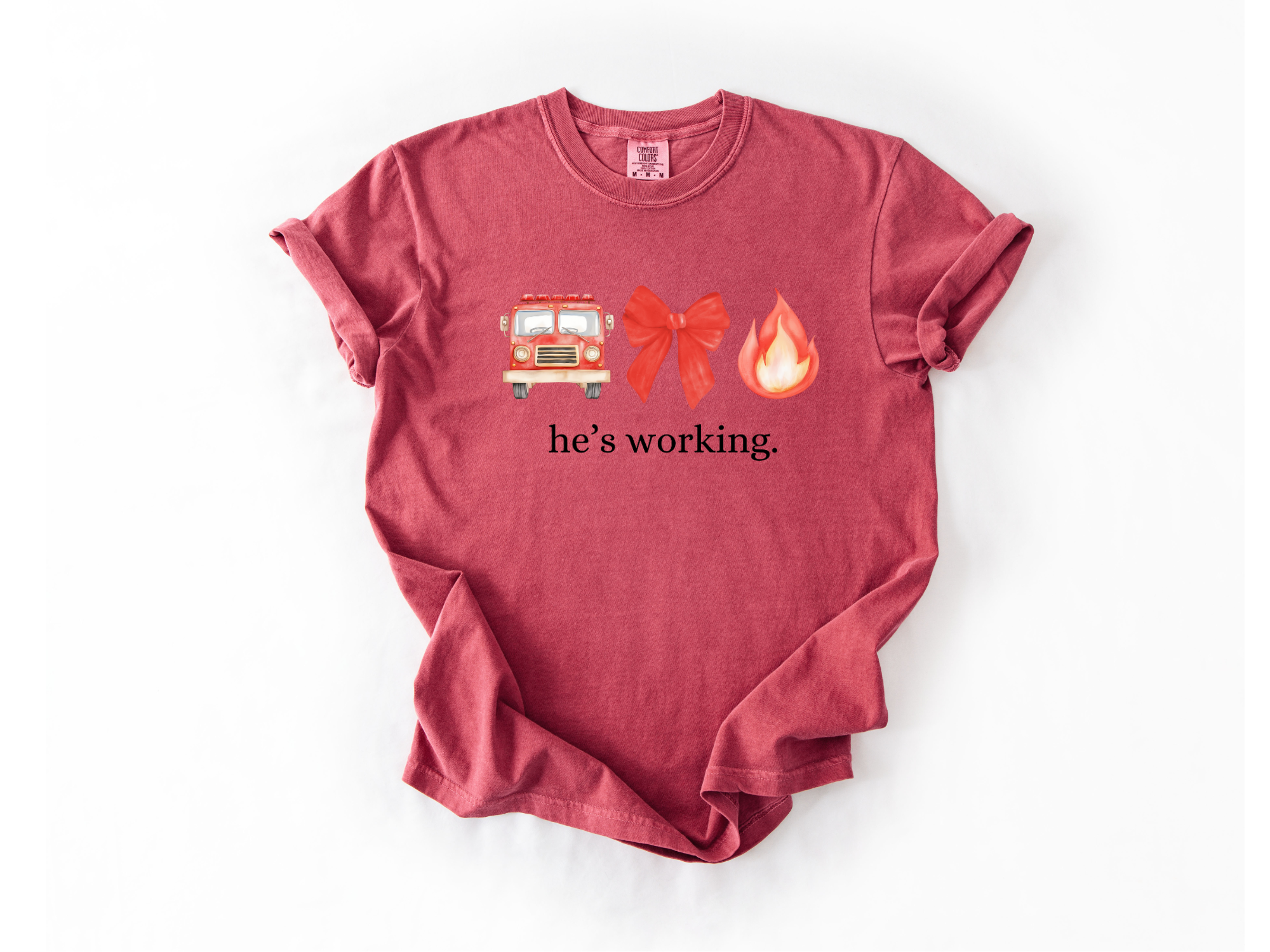 "He's Working" Firefighter Support Tee - Red Bow Edition