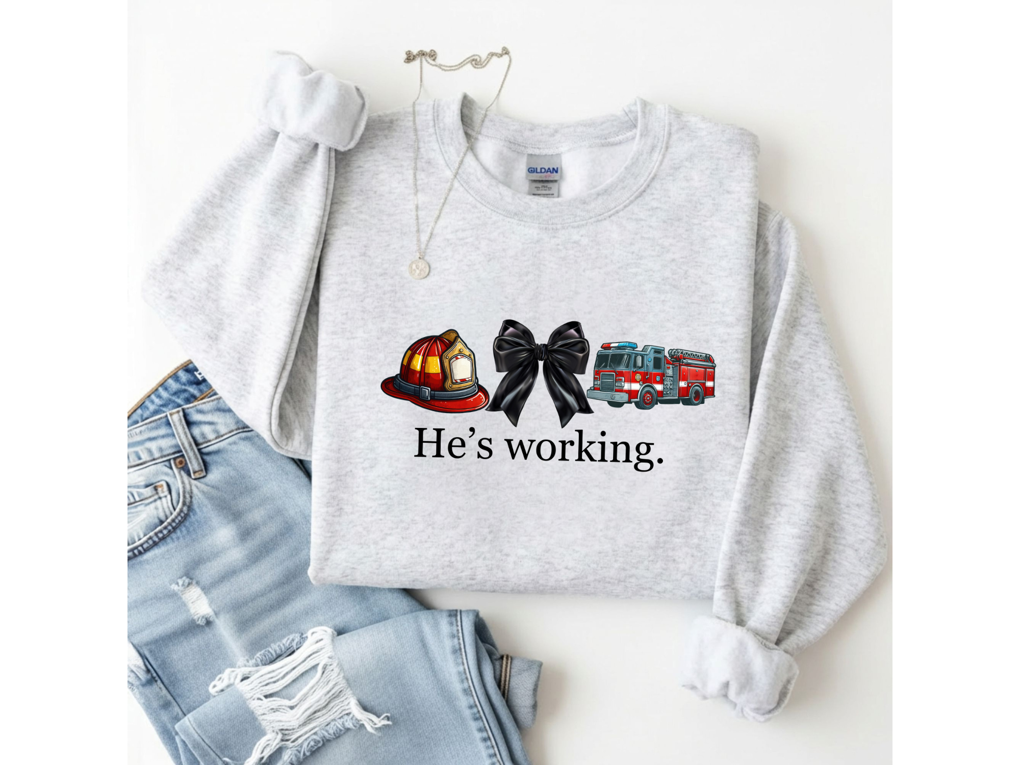 "He's Working" Firefighter Support Crewneck