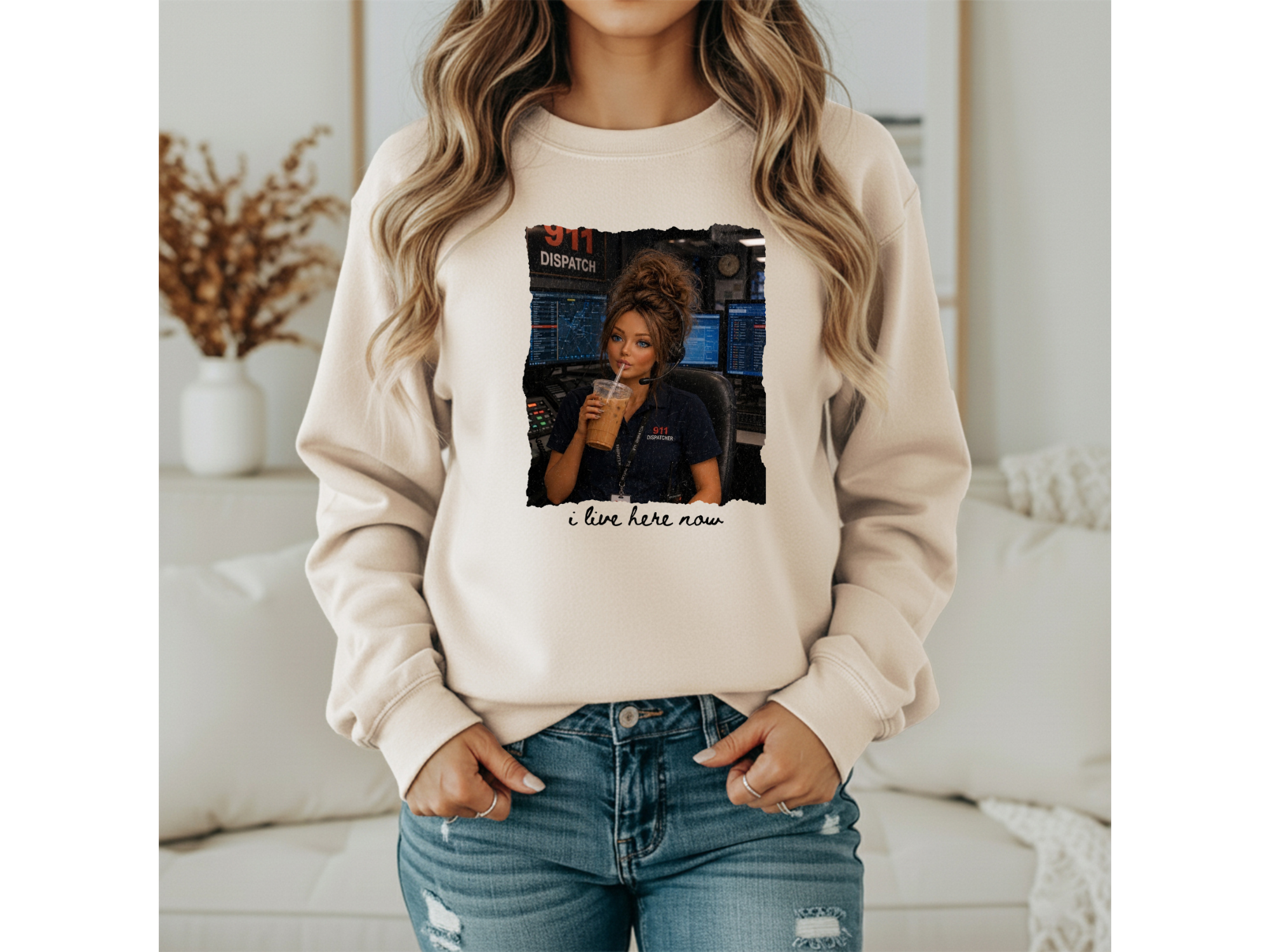 911 Dispatcher Girl "I Live Here Now" Crewneck - Brunette
