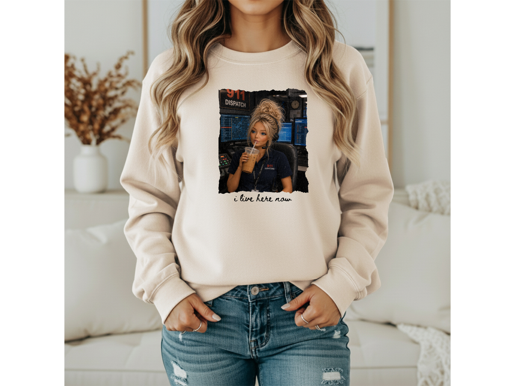 911 Dispatcher Girl "I Live Here Now" Crewneck - Blonde