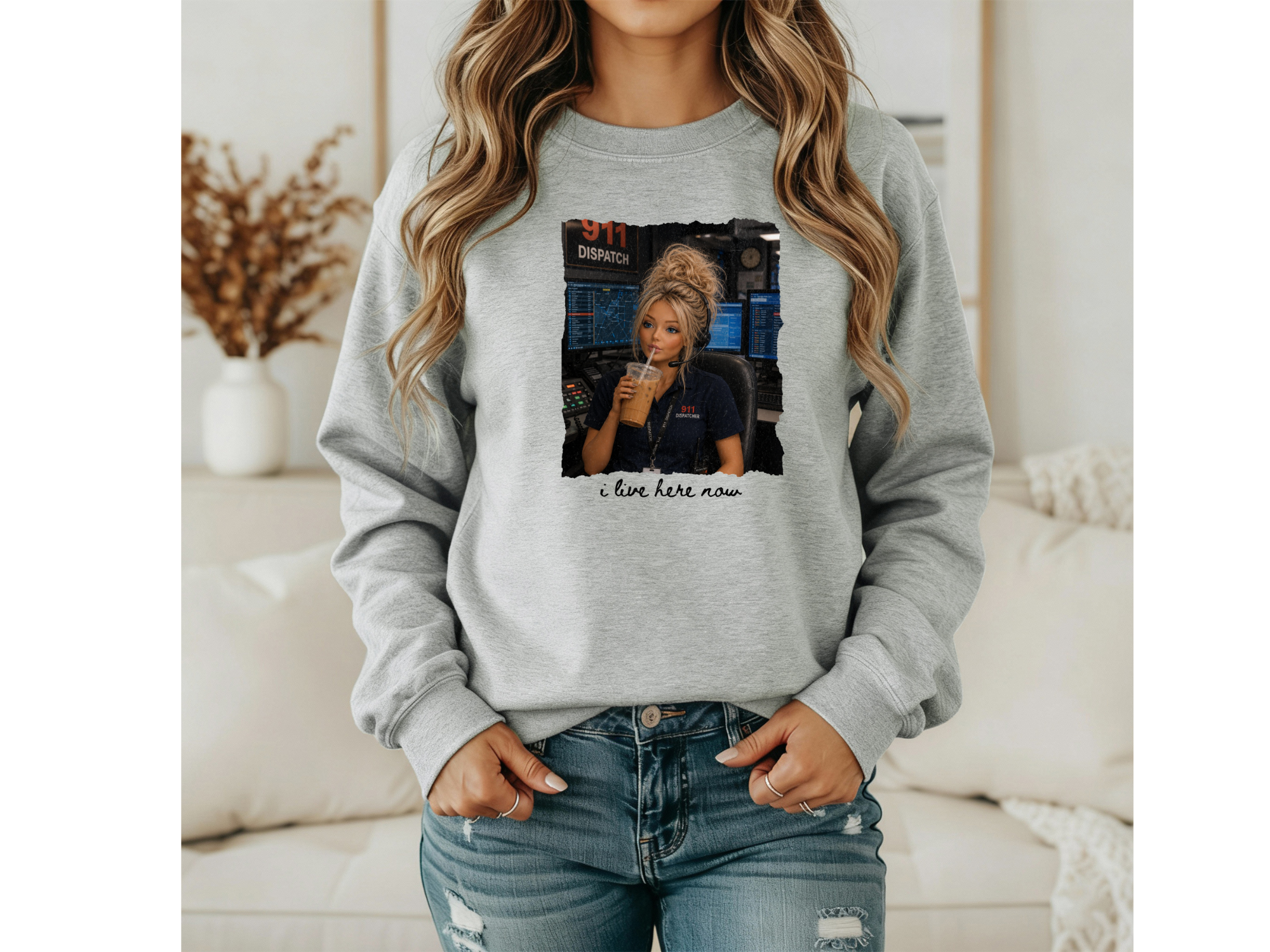 911 Dispatcher Girl "I Live Here Now" Crewneck - Blonde