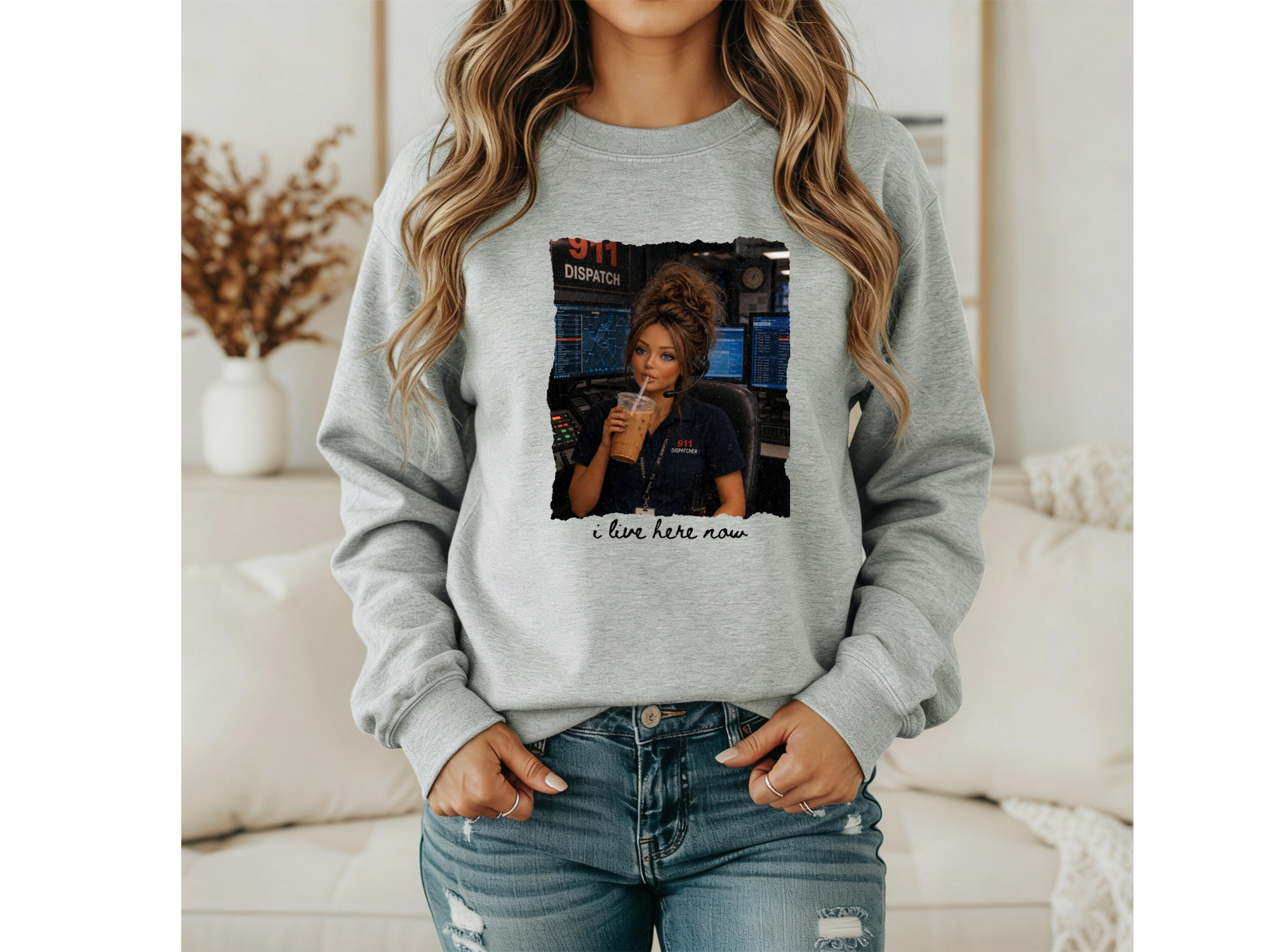911 Dispatcher Girl "I Live Here Now" Crewneck - Brunette
