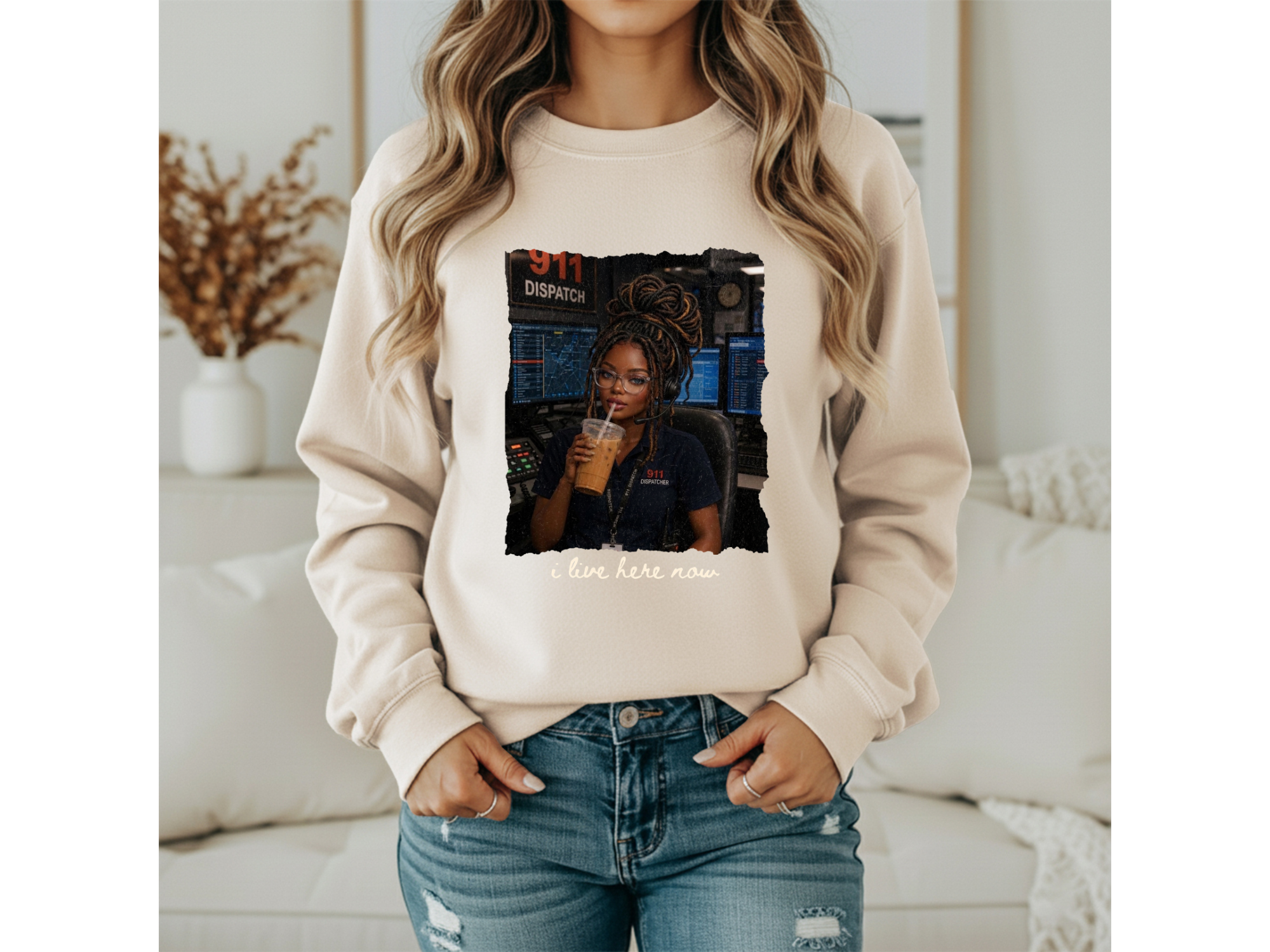911 Dispatcher Girl "I Live Here Now" Crewneck - Locs