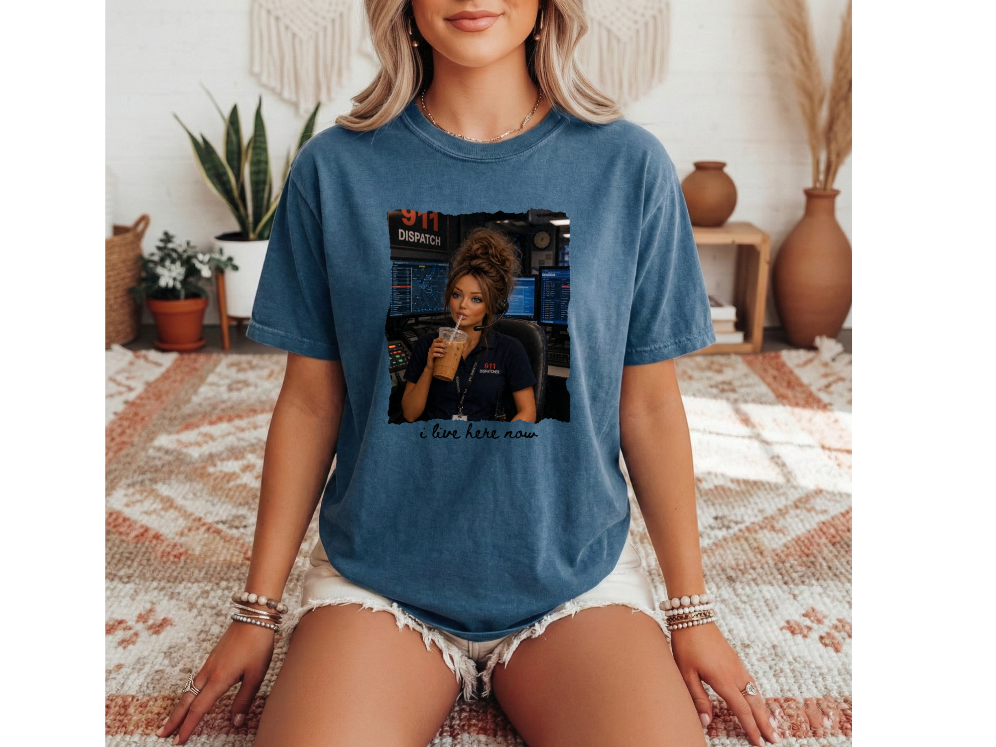 911 Dispatcher Girl "I Live Here Now" Graphic Tee - Brunette