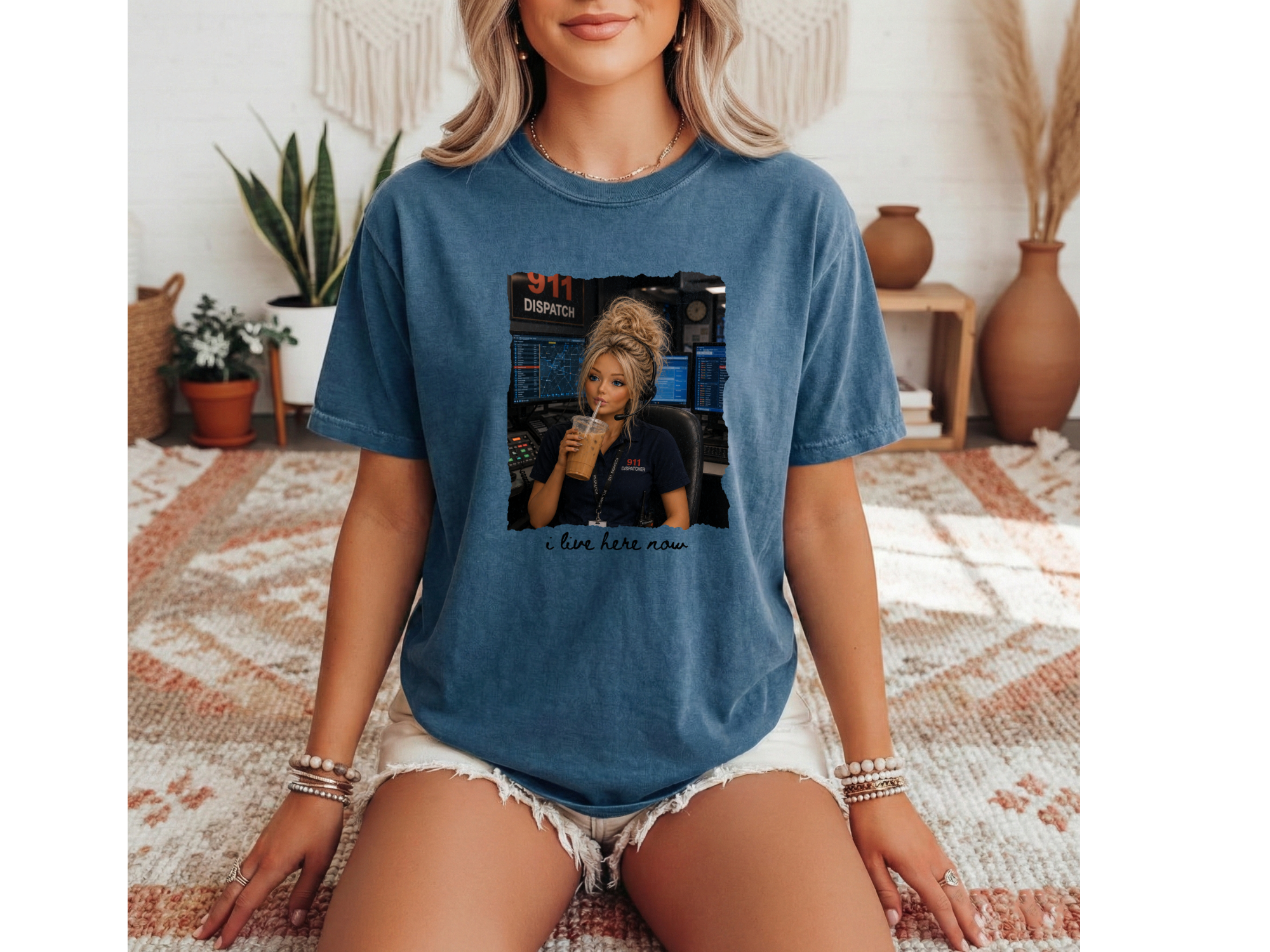 911 Dispatcher Girl "I Live Here Now" Graphic Tee - Blonde